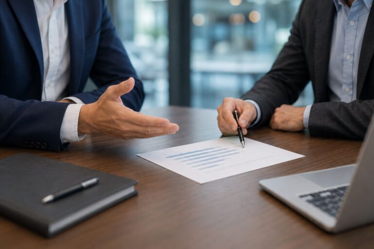 Business professionals reviewing and signing a document